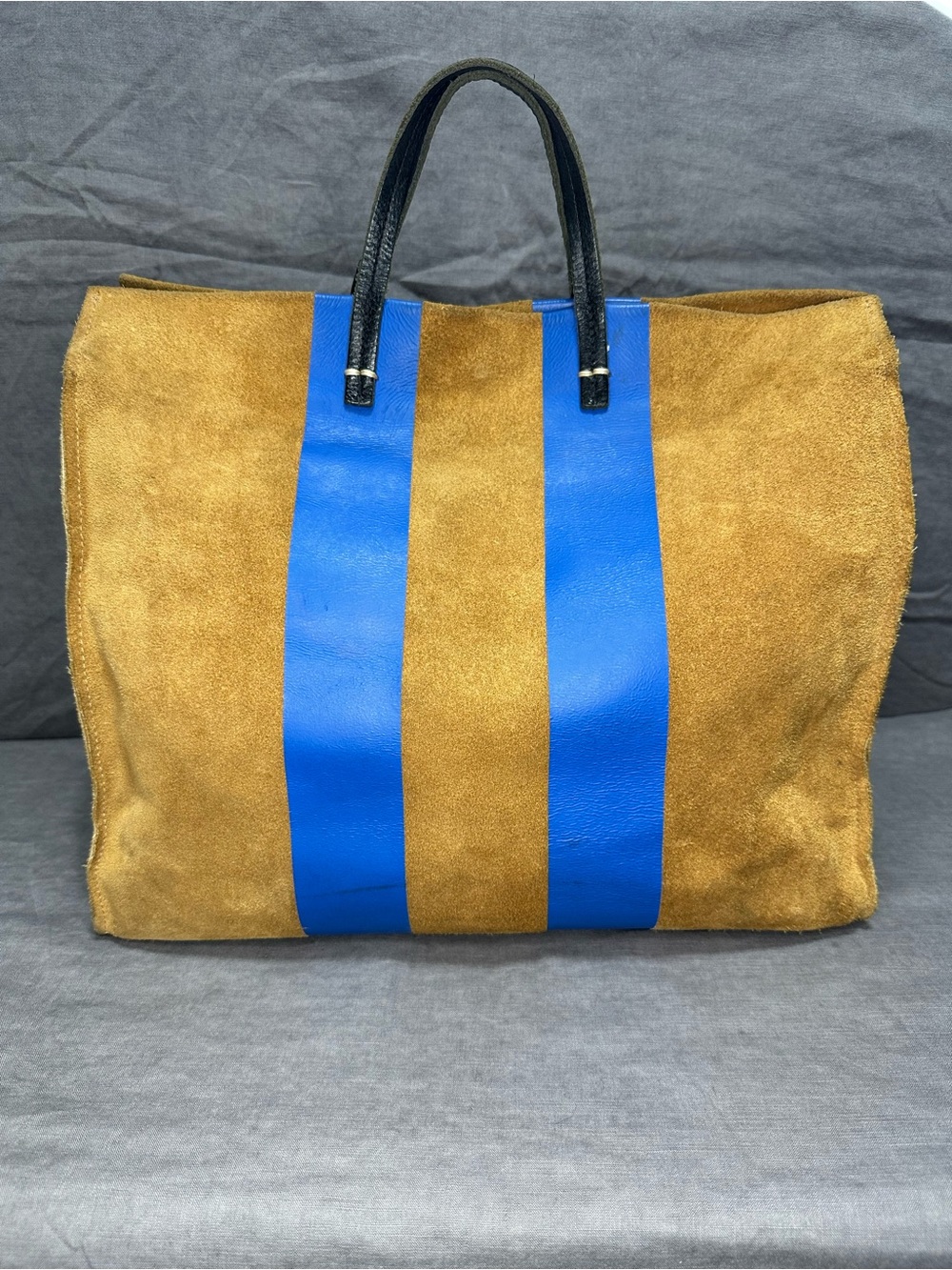 Clare V Tan Suede Tote with Blue Racing Stripes